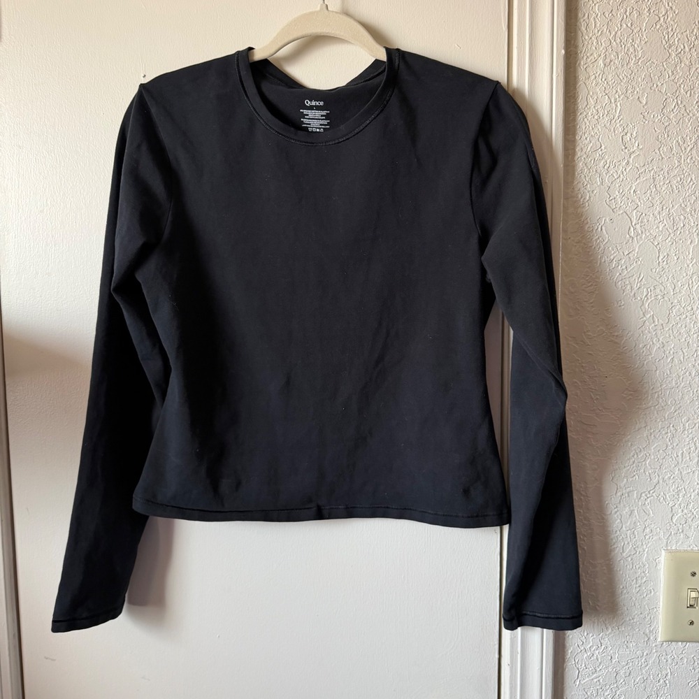 Quince Black Organic Cotton Stretch Long Sleeve Crew Neck Top Large OMSL001